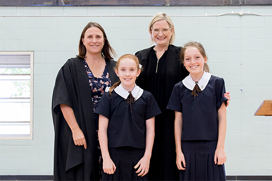 St Margaret's Deputy Principal Karen Gorrie, Head of Primary Angela Drysdale and 2019 Primary School Captains Cate Hughes and Lucy Goodall